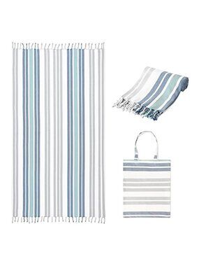 Turkish Beach Towel 40x72 Quick Dry Sandproof Lightweight Cotton Ocean Blue Bag